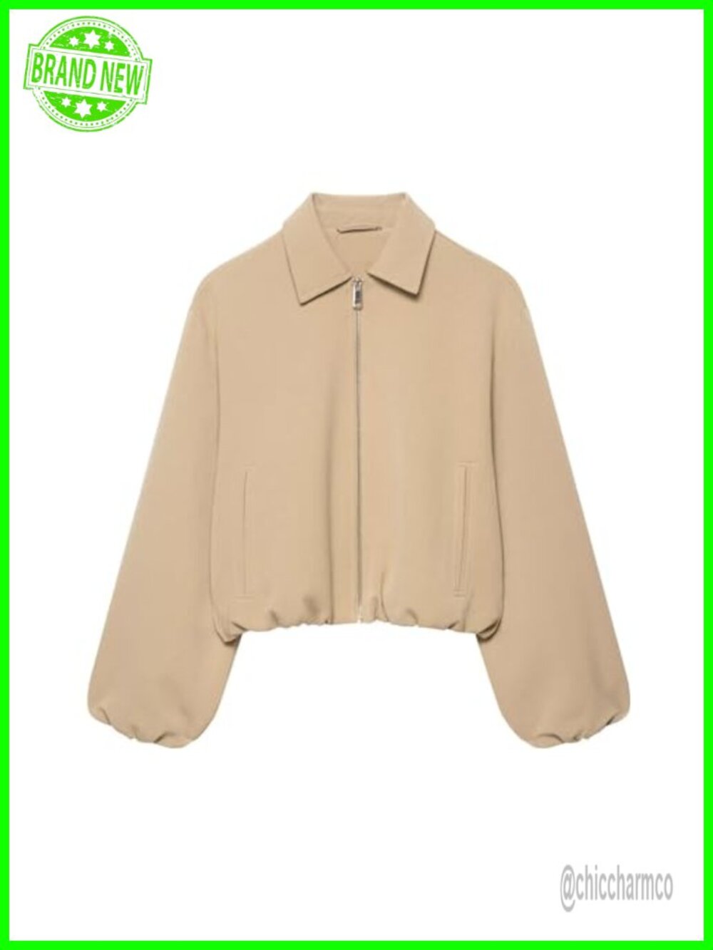Women's Cropped Bomber Jacket Puffed Sleeves Zip Up Streetwear Outerwear